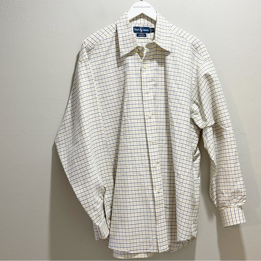 RALPH LAUREN BLUE LABEL Men’s White Yellow Blue Windowpane Plaid BLAKE Shirt XL